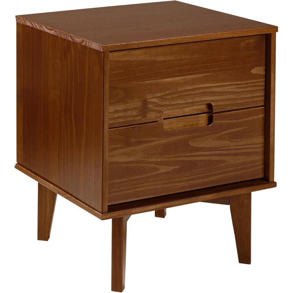 imageWalker Edison Mid Century Modern Grooved Handle Wood Nightstand Side Table Bedroom Storage Drawer and Shelf Bedside End Table 2 Drawer CaramelWalnut