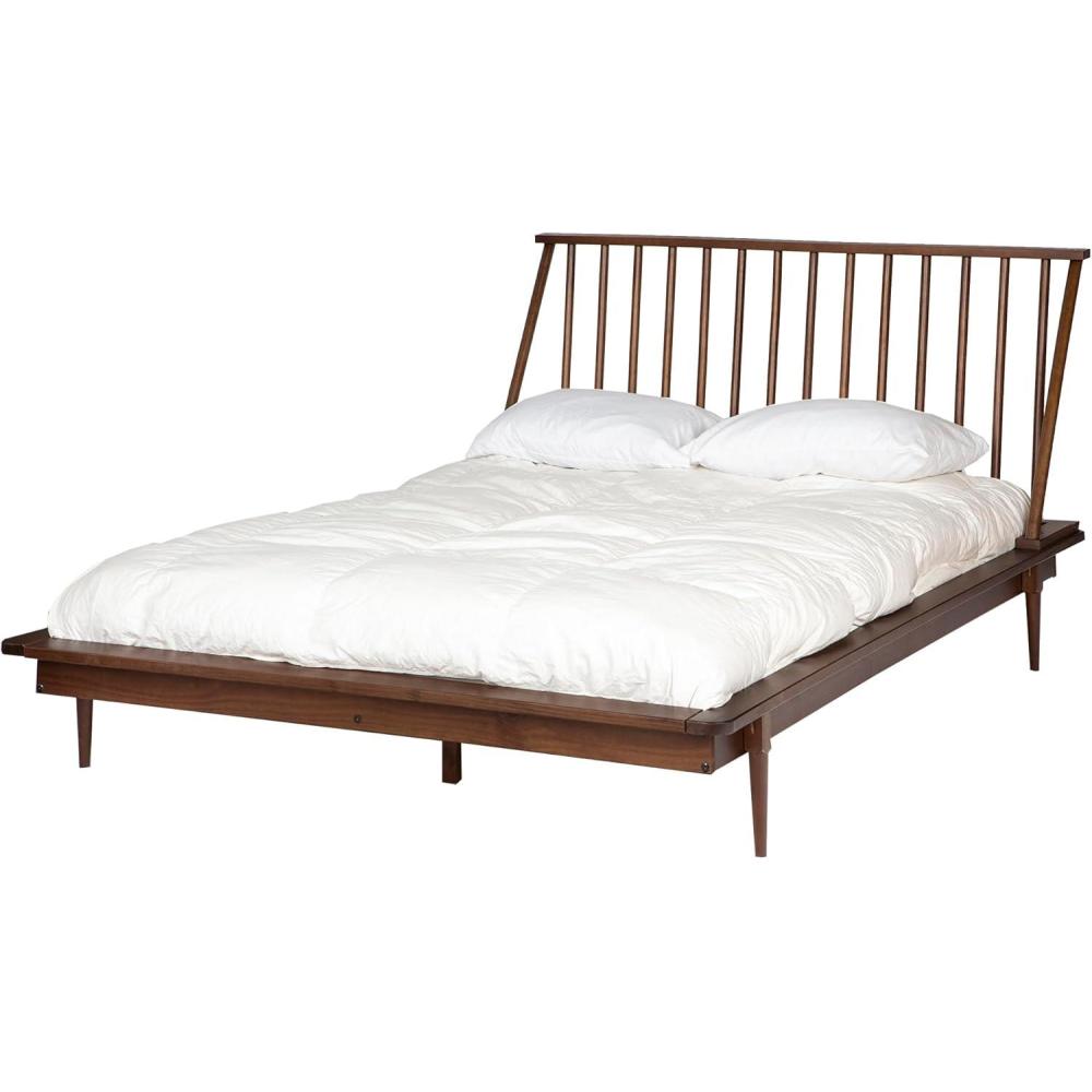 imageWalker Edison Mid Century Modern Solid Wood Spindle Platform Bed Headboard Footboard Bed Frame Bedroom Queen CaramelWalnut