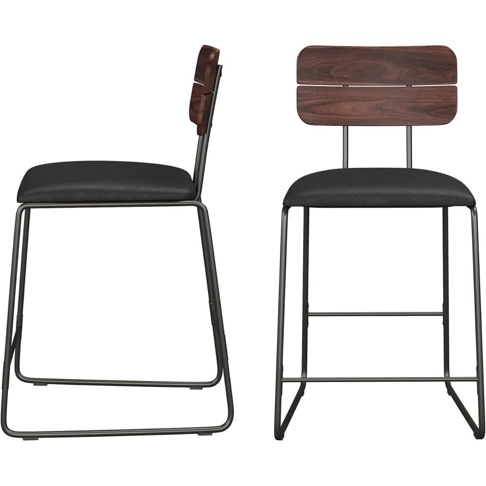 imageWalker Edison Modern 2Piece Minimalist Counter Stools with Wooden Back Set of 2 BlackBlack