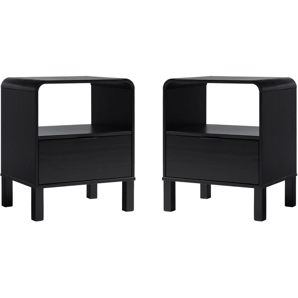 imageWalker Edison Modern CurvedTop Solid Wood 1Drawer Nightstand with Open Cubby 24 Inch Brown2pack Black