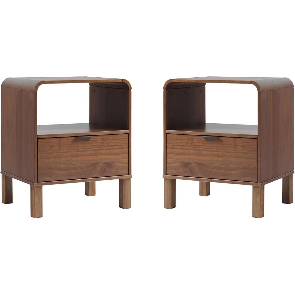 imageWalker Edison Modern CurvedTop Solid Wood 1Drawer Nightstand with Open Cubby 24 Inch Brown2pack Brown