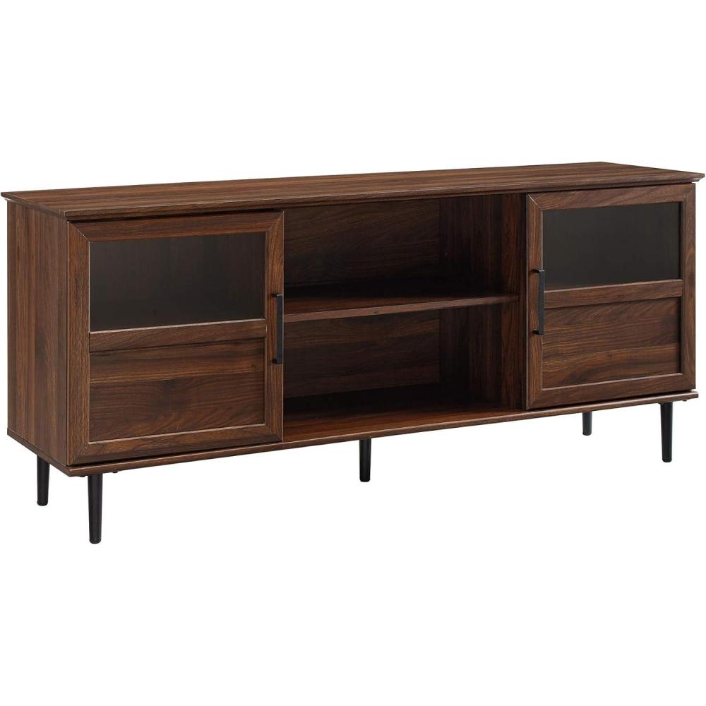 imageWalker Edison Modern Farmhouse Wood and Glass TV Stand with 2 Cabinet Doors for TVs up to 65quot Flat Screen Universal TV Console Living Room Storage Shelves Entertainment Center 58 Inch Dark WalnutDark Walnut