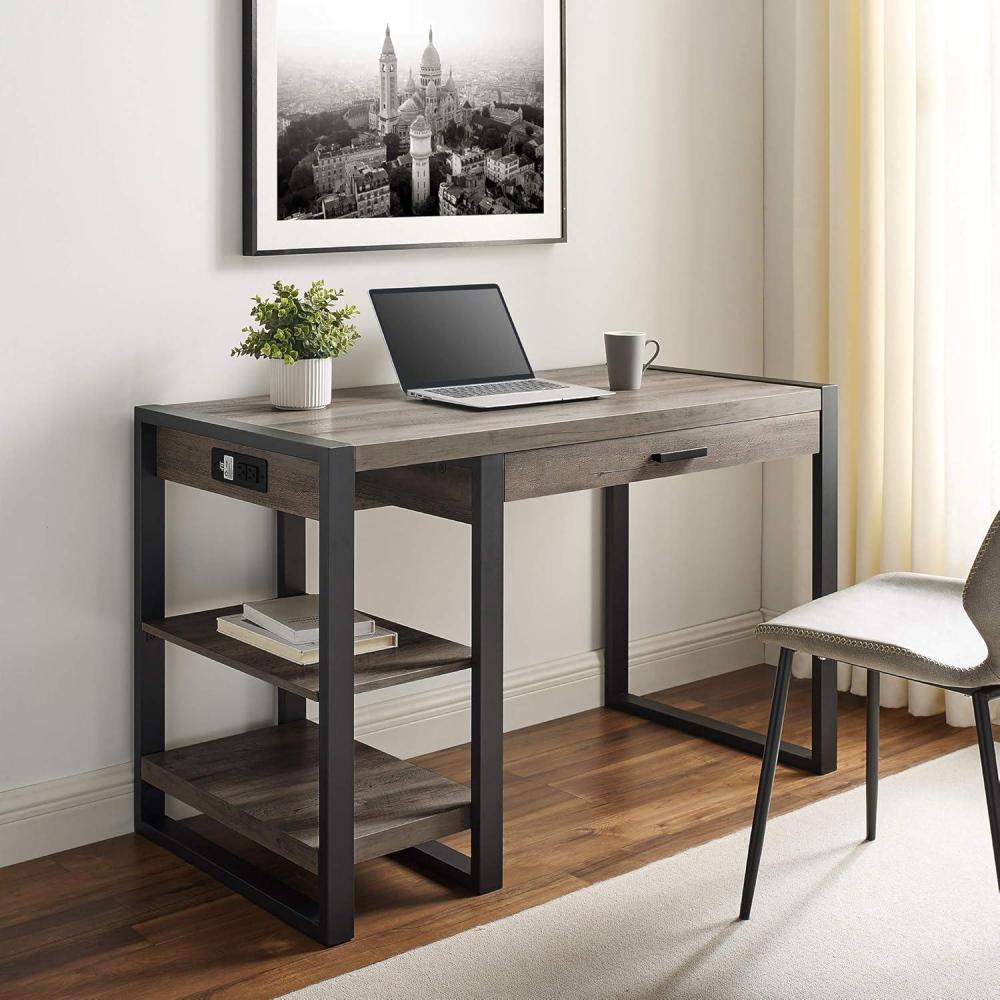 imageWalker Edison Modern Industrial Computer Gaming Desk Office Storage Shelves and Drawer with Electrical Outlet Home Office 48 Inch Dark WalnutGrey Wash