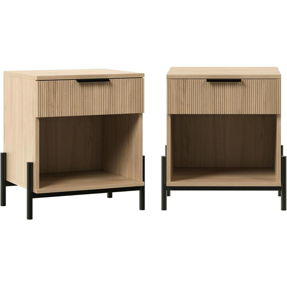 imageWalker Edison Paris Modern ReededDrawer Nightstand with Open Storage 24 Inch BlackCoastal Oak