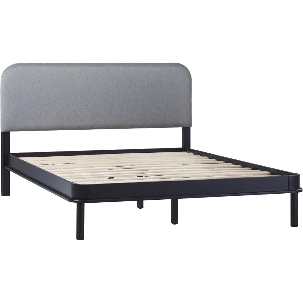 imageWalker Edison Queen Contemporary Solid Wood Bed Curved Upholstered Headboard Platform Bed No Box Spring Required Queen Size English OakGreyBlack