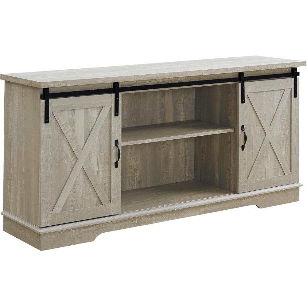imageWalker Edison Richmond Modern Farmhouse Sliding Barn Door Stand for TVs up to 65 Inches Without Fireplace Rustic OakStone Grey