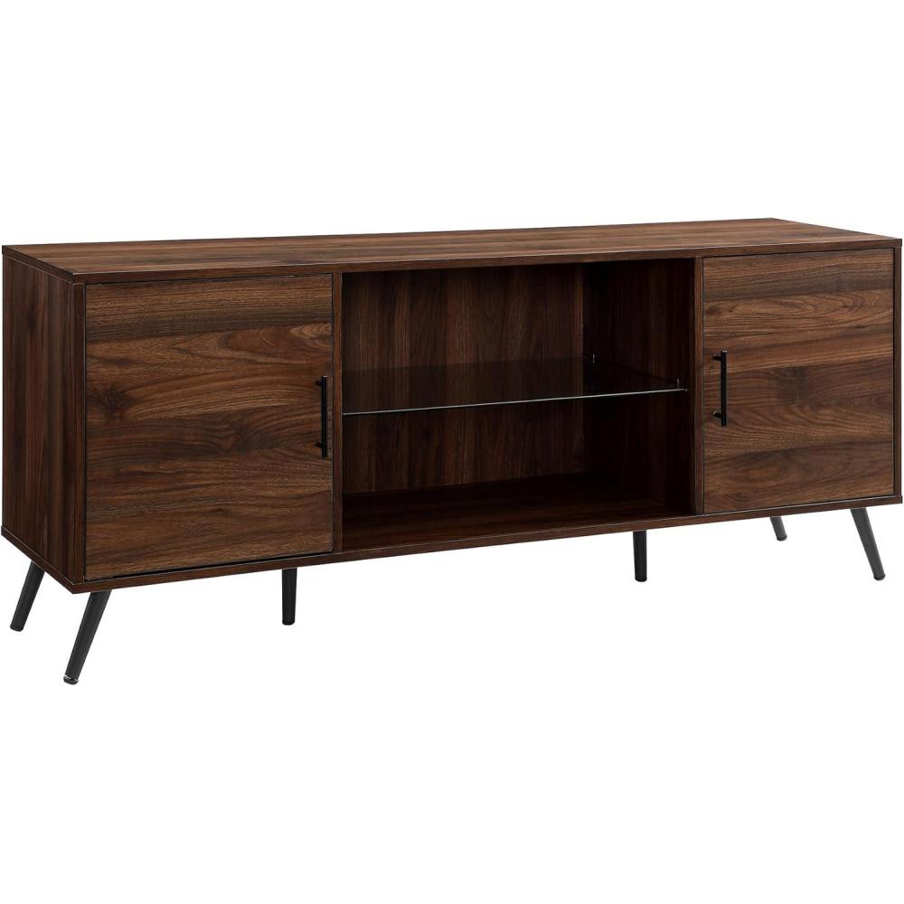 imageWalker Edison Saxon Mid Century Modern Glass Shelf TV Stand for TVs up to 65 Inches 60 Inch WalnutWalnut
