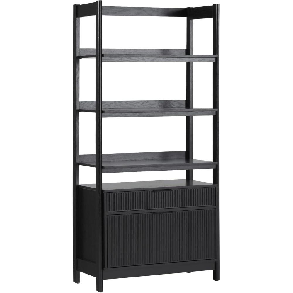 imageWalker Edison Transitional Open Reeded 4Shelf Bookshelf with Drawers Versatile Bookcase with Bottom Storage for Home Office Living Room Bedroom 33 Inch BlackBlack