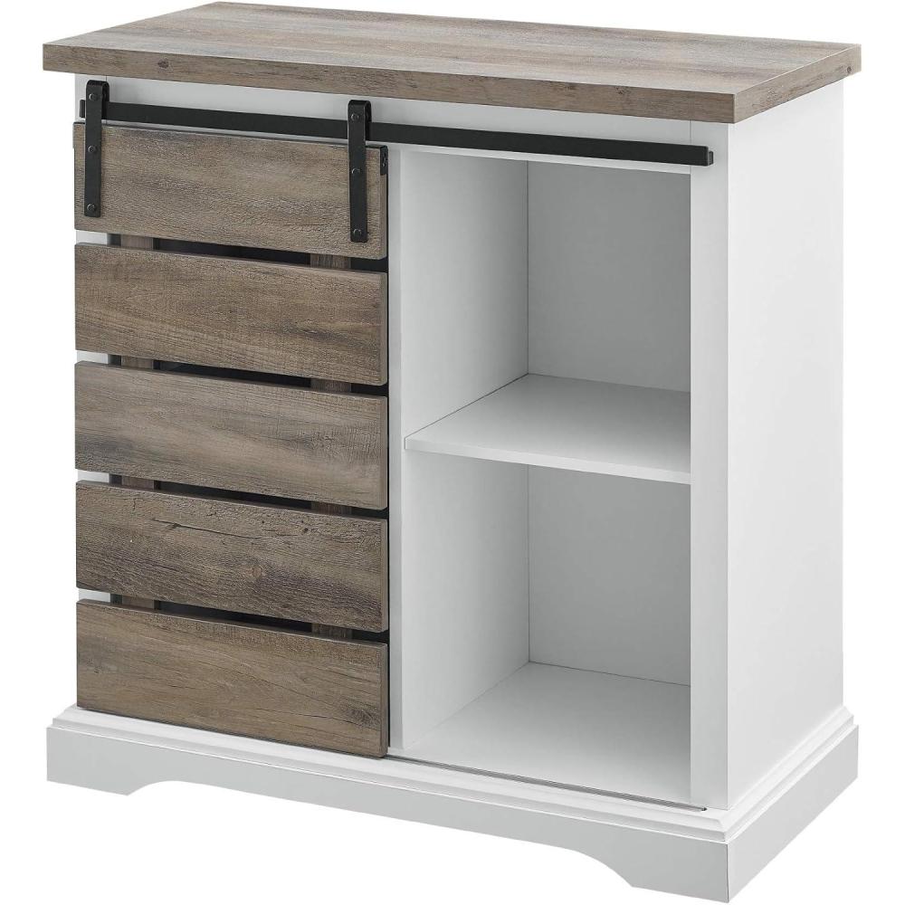 imageWalker Edison Willa Modern Farmhouse Sliding Single Slat Door Storage Console 32 Inch White and Rustic OakWhite and Grey Wash