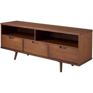 Walker Edison 3-Drawer Mid Century Modern Wood TV Stand for TV’s up to 65″ Flat Screen Cabinet Door Living Room Storage Entertainment Center, 58 Inch, Caramel(Walnut)