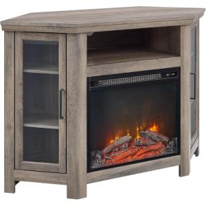 Walker Edison Alcott Classic Glass Door Fireplace Corner TV Stand for TVs up to 55 Inches, 48 Inch, Traditional Brown(Grey Wash)