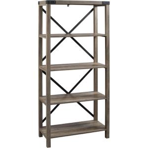 Walker Edison Andersen Urban Industrial Metal X Back 4 tier Bookshelf, 64 Inch, Grey Wash(Grey Wash)