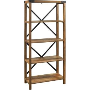 Walker Edison Andersen Urban Industrial Metal X Back 4 tier Bookshelf, 64 Inch, Grey Wash(Rustic Oak)