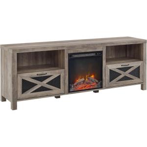 Walker Edison Calgary Industrial Farmhouse X-Drawer Metal Mesh and Wood Fireplace TV Stand for TVs up to 80 Inches, 70 Inch, Rustic Oak(Grey Wash)
