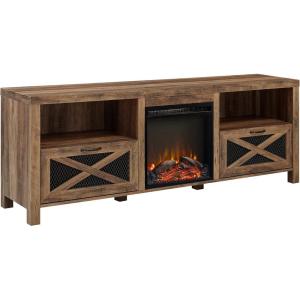 Walker Edison Calgary Industrial Farmhouse X-Drawer Metal Mesh and Wood Fireplace TV Stand for TVs up to 80 Inches, 70 Inch, Rustic Oak(Rustic Oak)