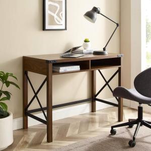 Walker Edison Callum Modern Farmhouse Metal X Writing Desk, 42 Inch, Grey Wash(Dark Walnut)