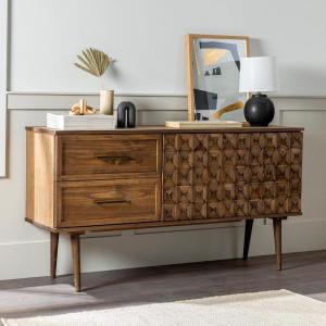 Walker Edison Deluca Boho Solid Wood 2 Door Sideboard with Prism Detail, 58 Inch, Caramel(Brown)