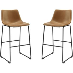 Walker Edison Douglas Urban Industrial Faux Leather Armless Bar Chairs, Set of 2, Black(Whiskey Brown)