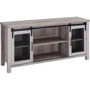 Walker Edison Industrial Farmhouse Sliding Metal Barn Door Wood TV Stand Storage Cabinet for TV’s up to 80″, 70 Inch, Grey(Grey Wash)