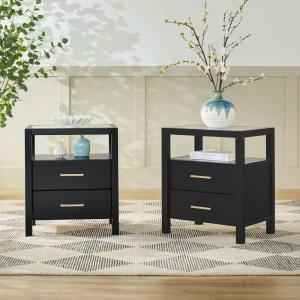 Walker Edison Isla Modern Solid Wood 2 Drawer Nightstand Side Table with Glass Top, 22 Inch, Black(Black)