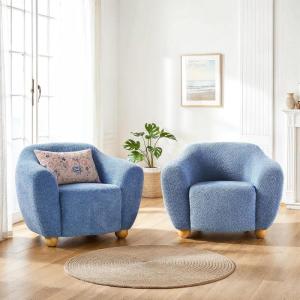 Walker Edison Linley Contemporary Bouclé Accent Chair with Wood Legs, Ivory(Soft Blue)