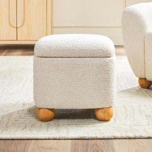 Walker Edison Linley Contemporary Small Storage Bouclé Ottoman with Wood Legs, Ivory(Ivory)