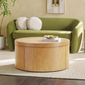 Walker Edison Maya Modern Solid Oak Wood Veneer Coffee Table with Storage, 36 Inch, White Oak(White Oak)