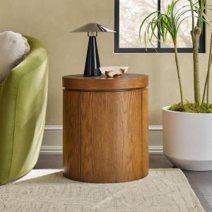 Walker Edison Maya Modern Solid Oak Wood Veneer Side Table with Storage, 18 Inch, Medium Brown Oak(Medium Brown)