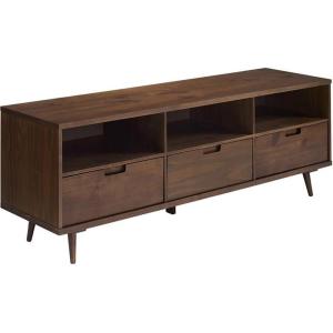 Walker Edison Millie Mid Century Modern 3 Drawer Solid Wood Low Stand for TVs up to 80 Inches, 70 Inch, Caramel(Walnut)