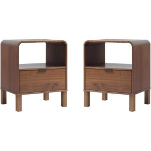 Walker Edison Modern Curved-Top Solid Wood 1-Drawer Nightstand with Open Cubby, 24 Inch, Brown(2-pack Brown)