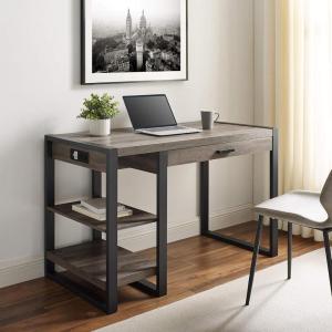 Walker Edison Modern Industrial Computer Gaming Desk Office Storage Shelves and Drawer with Electrical Outlet Home Office, 48 Inch, Dark Walnut(Grey Wash)