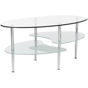 Walker Edison Modern Oval Glass Coffee Table Living Room Accent Ottoman Storage Shelf, 37 Inch, Glass(Oval Coffee Table)