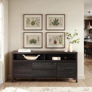 Walker Edison Nash Modern Farmhouse Rustic Solid Oak Wood Sideboard with Storage, 65 inch, Black(Black)