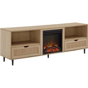Walker Edison Payton Coastal Rattan-Drawer Fireplace TV Stand for TVs up to 75 Inches 70 Inch Coastal Oak(Coastal Oak)