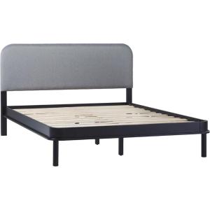 Walker Edison Queen Contemporary Solid Wood Bed, Curved Upholstered Headboard, Platform Bed No Box Spring Required, Queen Size, English Oak/Grey(Black)