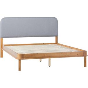 Walker Edison Queen Contemporary Solid Wood Bed, Curved Upholstered Headboard, Platform Bed No Box Spring Required, Queen Size, English Oak/Grey(English Oak)