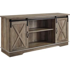 Walker Edison Richmond Modern Farmhouse Sliding Barn Door Stand for TVs up to 65 Inches, Without Fireplace, Rustic Oak(Grey Wash)