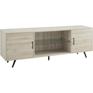 Walker Edison Saxon Mid Century Modern 2 Door Glass Shelf TV Stand for TVs up to 80 Inches, 70 Inch, Dark Walnut(Birch)