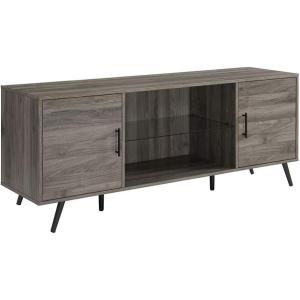 Walker Edison Saxon Mid Century Modern Glass Shelf TV Stand for TVs up to 65 Inches, 60 Inch, Walnut(Slate Grey)