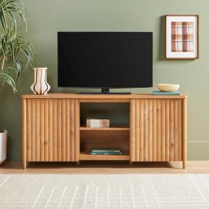 Walker Edison Scandinavian Reeded TV Stand with Storage for up to 70″ TV Coastal Oak(English Oak)