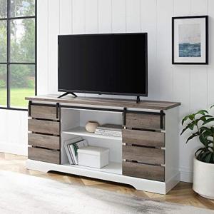 Walker Edison Willa Modern Farmhouse Sliding Single Slat Door Storage Console, 32 Inch, White and Rustic Oak(Grey Wash)