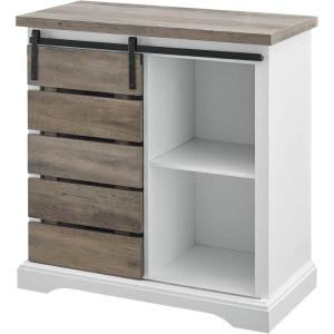 Walker Edison Willa Modern Farmhouse Sliding Single Slat Door Storage Console, 32 Inch, White and Rustic Oak(White and Grey Wash)