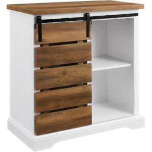 Walker Edison Willa Modern Farmhouse Sliding Single Slat Door Storage Console, 32 Inch, White and Rustic Oak(White and Rustic Oak)