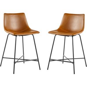 Walker Edison Xuma Modern Faux Leather Armless Low Back Counter Stool, Set of 2, Whiskey Brown(Modern Whiskey Brown)