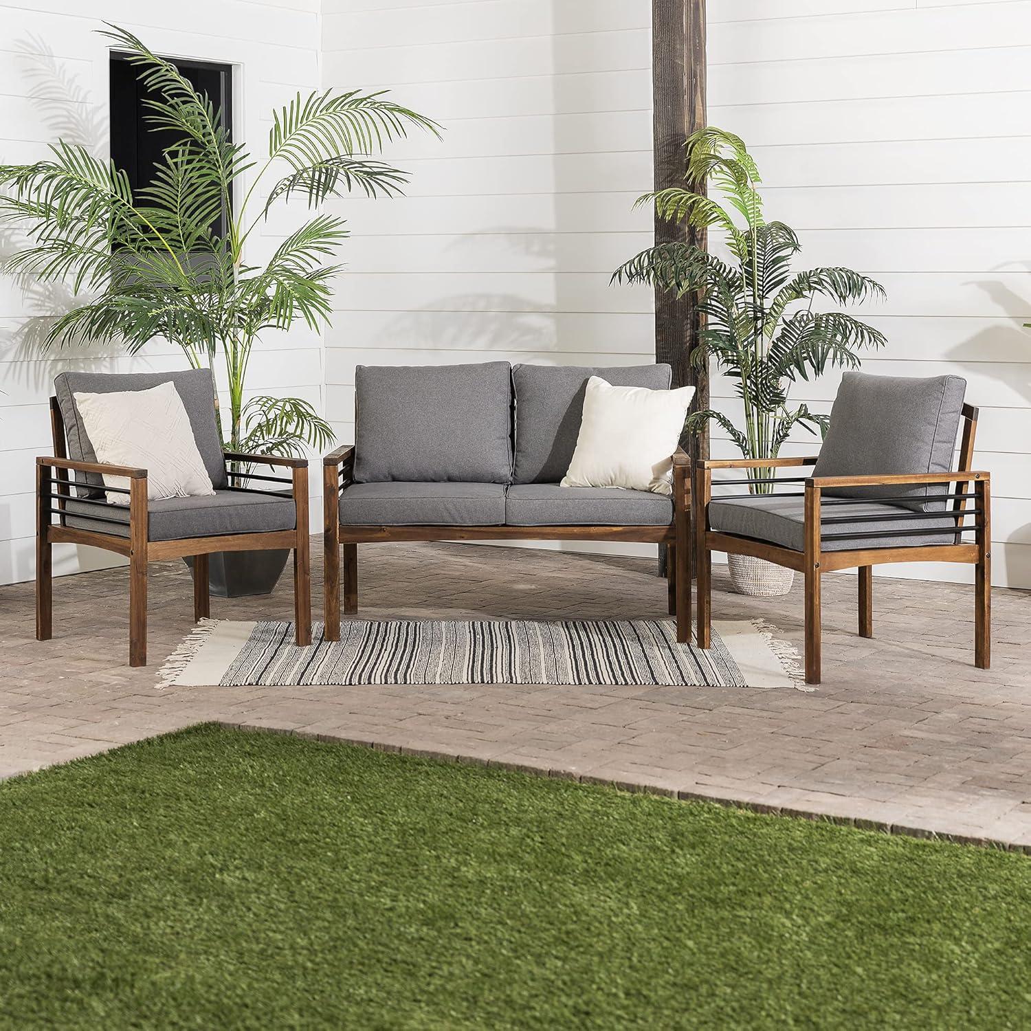 imageWalker Edison 2 Person Outdoor Patio Modern Wood and Metal Loveseat with Washable Cushions All Weather Backyard Conversation Garden Poolside Balcony 48 Inch Dark Brown and Grey3 Piece Chat Set