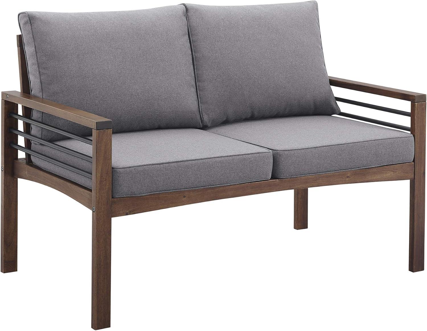 imageWalker Edison 2 Person Outdoor Patio Modern Wood and Metal Loveseat with Washable Cushions All Weather Backyard Conversation Garden Poolside Balcony 48 Inch Dark Brown and Grey3 Piece Chat Set