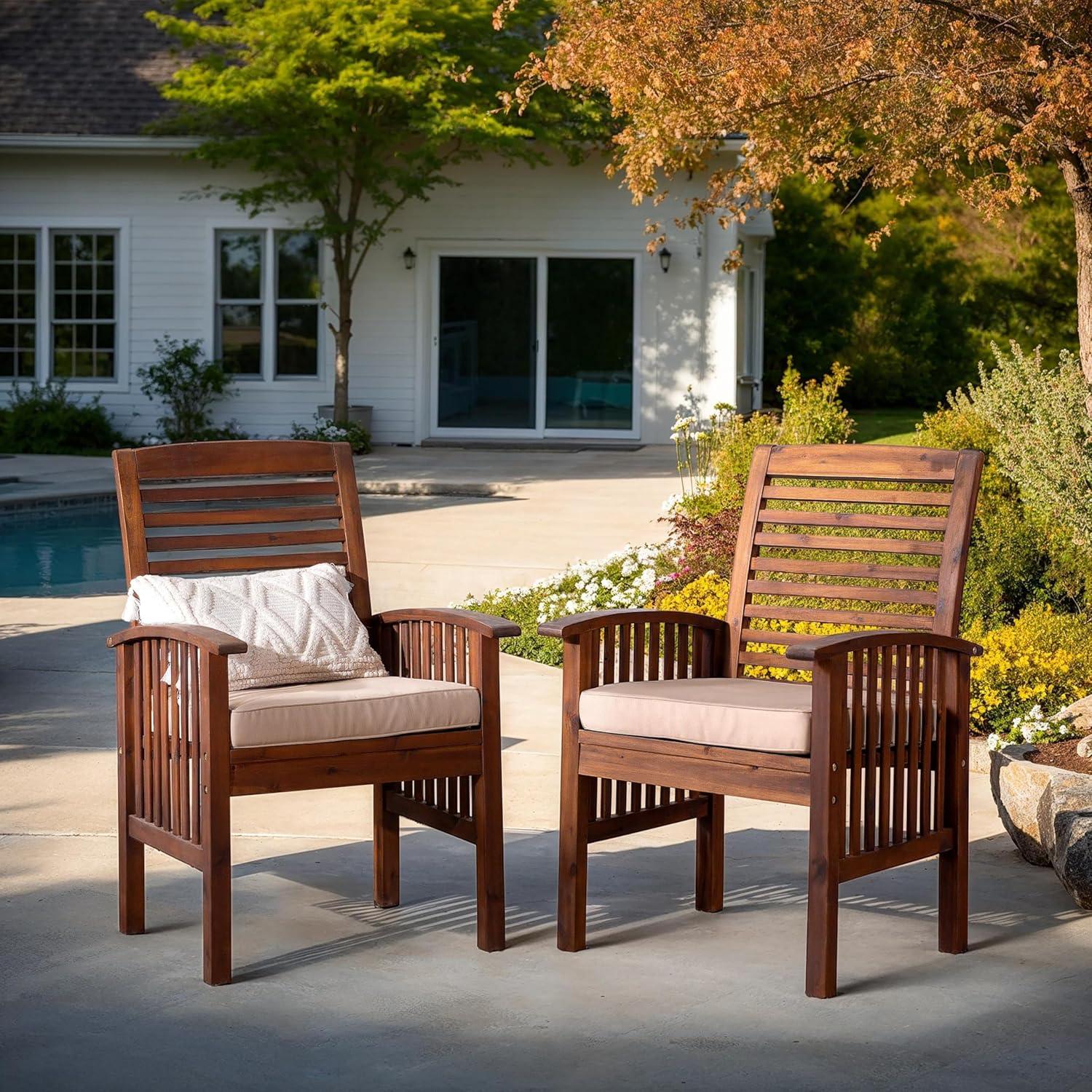 imageWalker Edison Rendezvous Modern 2 Piece Solid Acacia Wood Slat Back Outdoor Dining Chairs Set of 2 BrownDark Brown