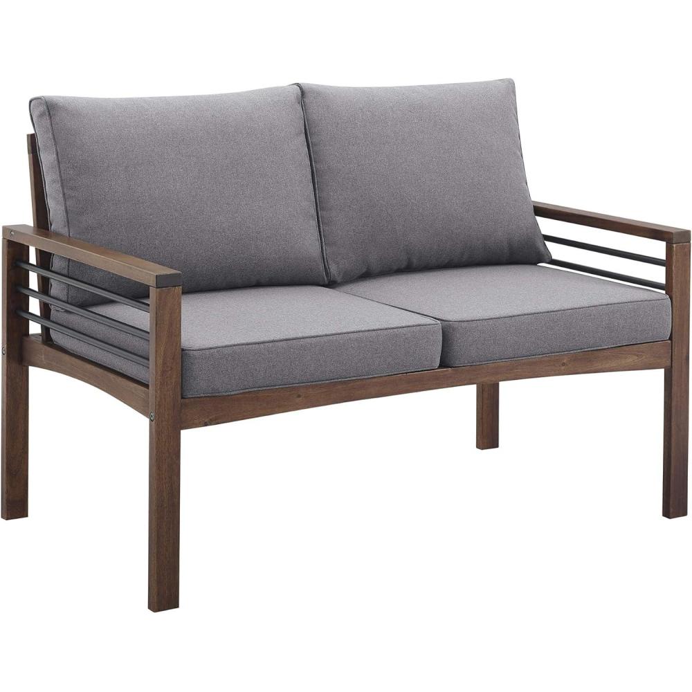 imageWalker Edison 2 Person Outdoor Patio Modern Wood and Metal Loveseat with Washable Cushions All Weather Backyard Conversation Garden Poolside Balcony 48 Inch Dark Brown and GreyLoveseat