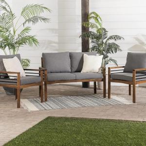 Walker Edison 2 Person Outdoor Patio Modern Wood and Metal Loveseat with Washable Cushions All Weather Backyard Conversation Garden Poolside Balcony, 48 Inch, Dark Brown and Grey(3 Piece Chat Set)