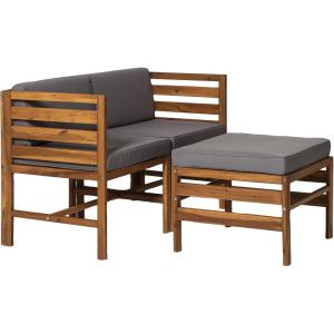 Walker Edison Ravello Contemporary 3 Piece Acacia Wood Outdoor Modular Chat Set with Cushions, Set of 3, Dark Brown(Brown)